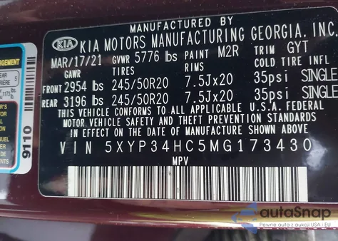 2021 Kia Telluride Ex z USA, uszkodzony, nr VIN 5XYP34HC5MG173430